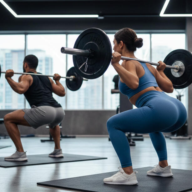 Man and woman performing glute strength training exercises in a gym.